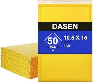 Dasen Kraft Bubble Mailers 10.5x15 Inch 50 Pcs,Small Self-Sealing Waterproof Cushioned Mail Shipping Bags,Yellow Padded Envelopes #5