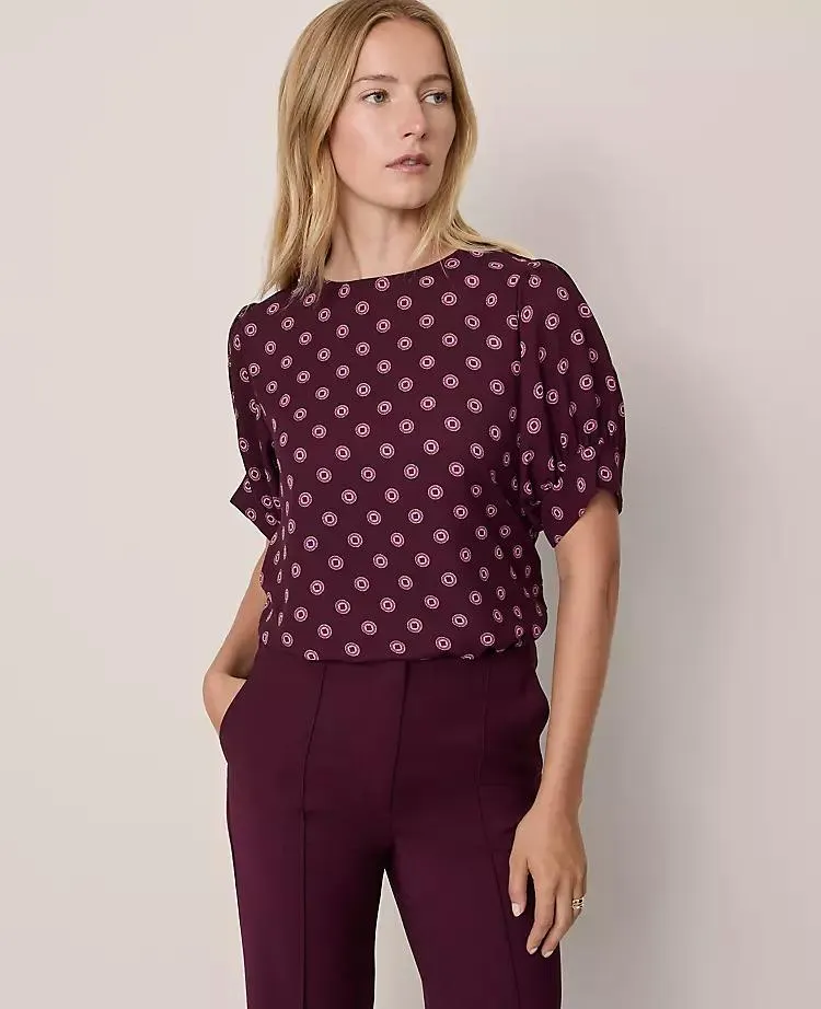 Geo Mixed Media Gathered Sleeve Top