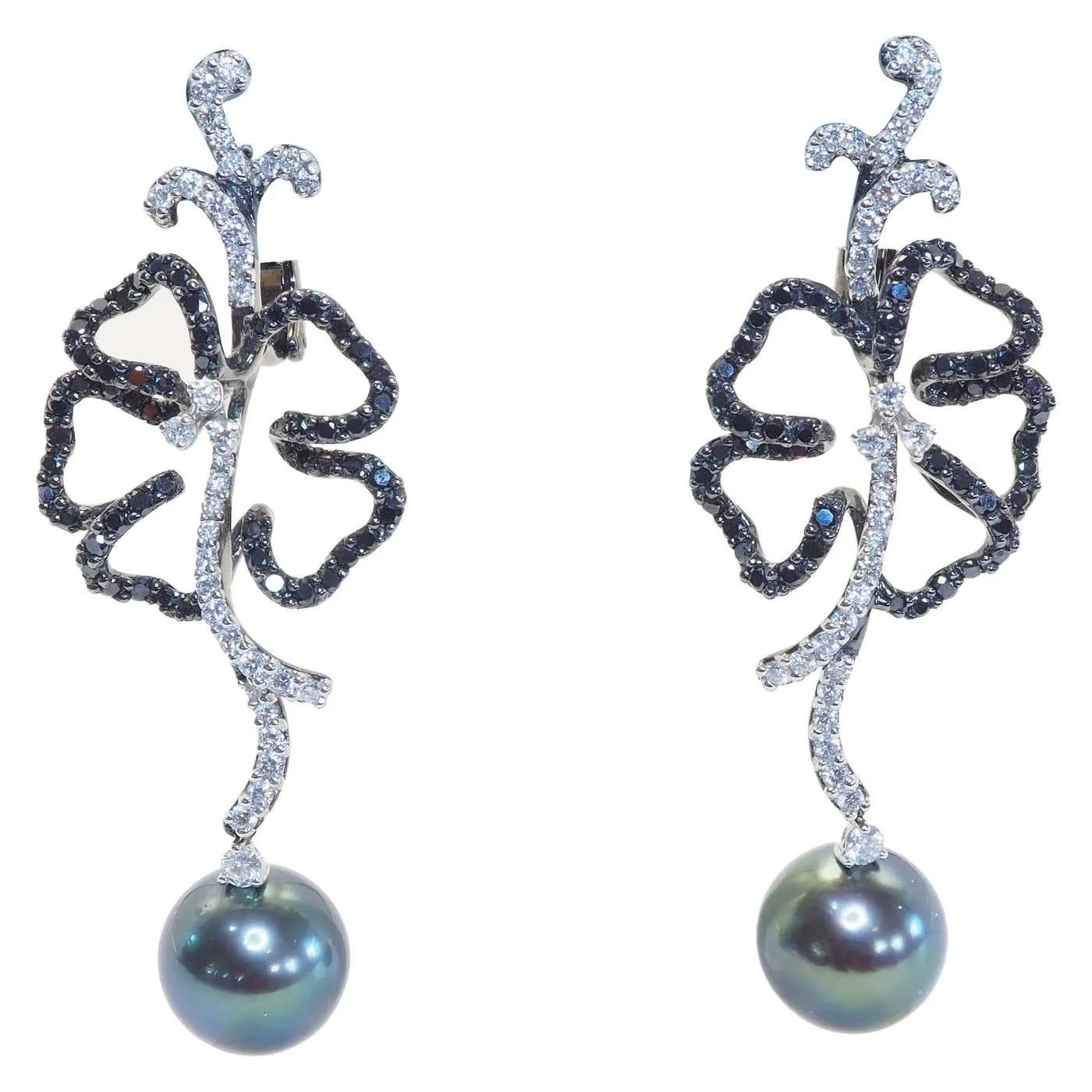 18K Black Gold 10.7mm Tahitian Greenish Black Pearl & 1.99ct Diamond Earrings