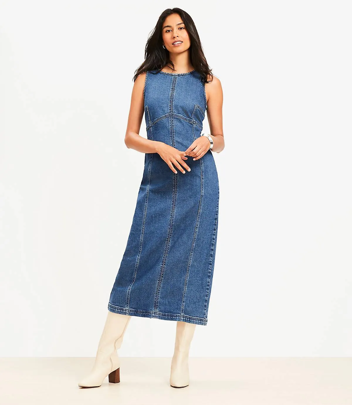 Seamed Denim Midi Dress in Classic Mid Wash
