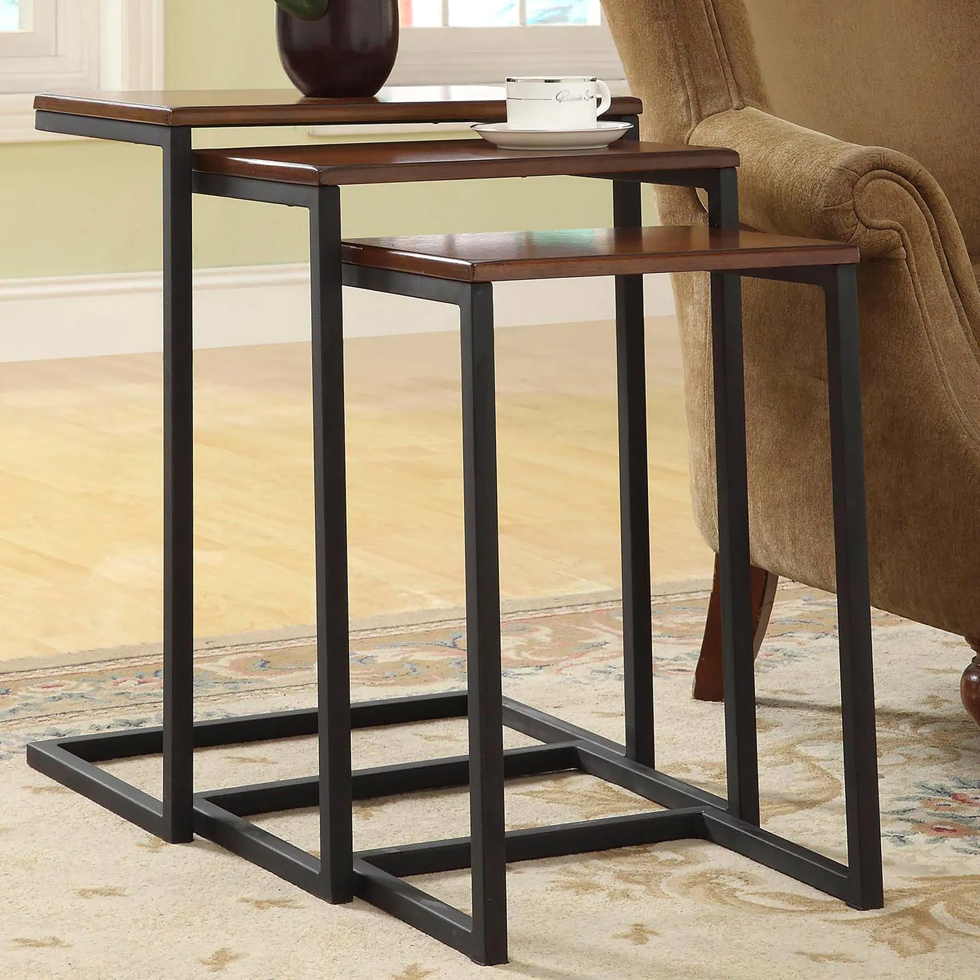 3-Piece Industrial Style Rectangular Metal and Wood Nesting Tables