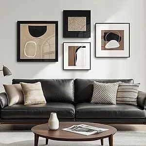 Framed Modern Black and White Brown Abstract Wall Art, Large for Living Room Set of 4 Minimalist neutral Canvas Wall Decor, Geometric boho Paintings Pictures for Bathroom, Dining, Office, Hallway