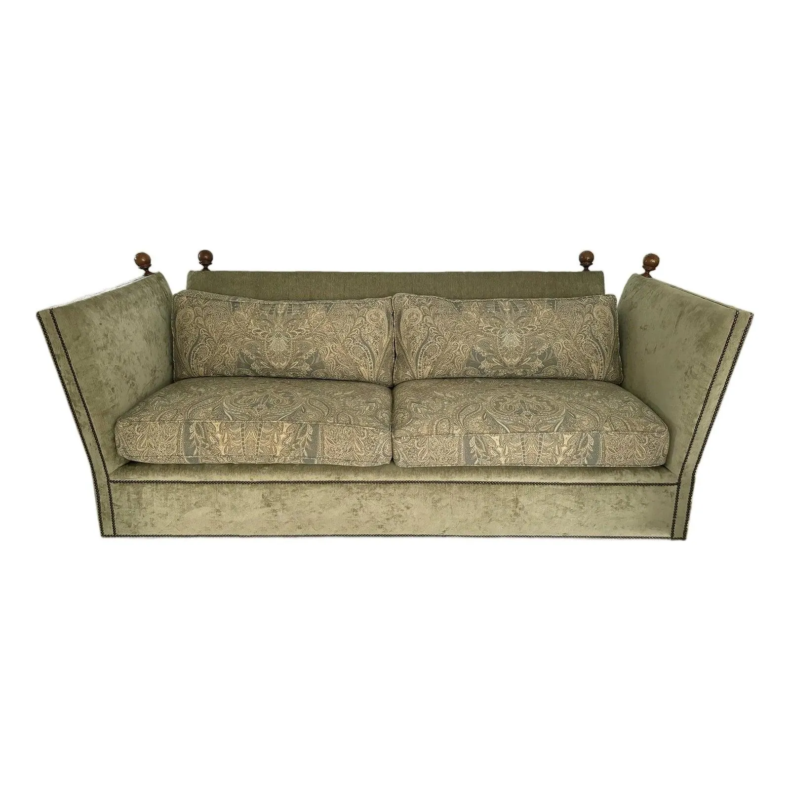 2000s Vintage Baker Furniture Co. English Traditional Knole Style Olive Green Velvet Sofa