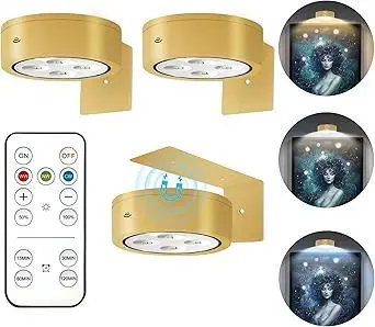 3Pcs Battery Operated Picture Light, Magnetic Led Painting Light with Remote Dimmable and Timer, 3 Lighting Modes Art Display Light for Picture Frame Paintings, Wireless Wall Decor Puck Lights, Gold