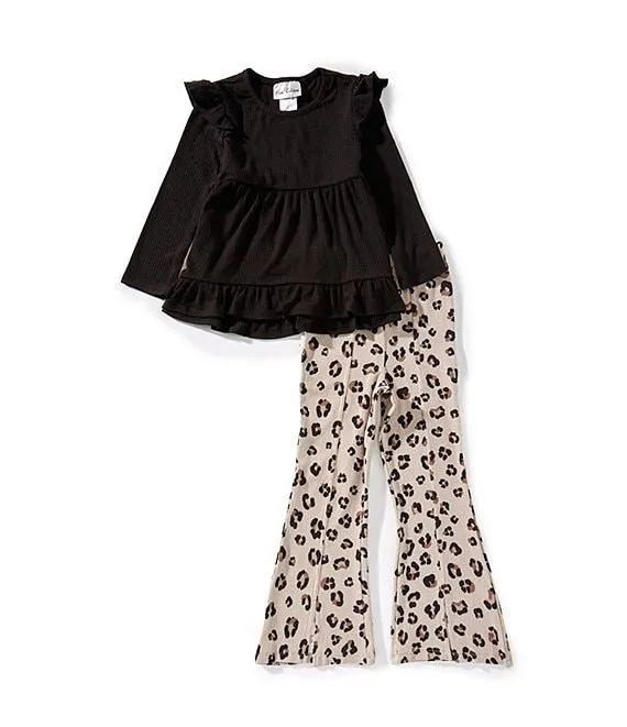Little Girls Long-Sleeve Rib-Knit Tunic Top & Animal-Printed Flare-Leg Leggings Set