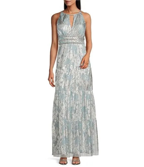 Petite Size Foil Mesh Print Pleated Foil Printed Sleeveless Keyhole Halter Neck Dress