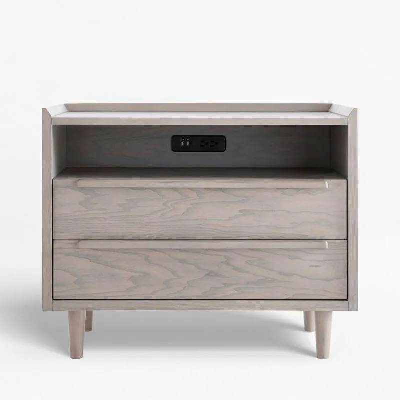 Tate Stone Grey Wood 2-Drawer Mid-Century Charging Nightstand
