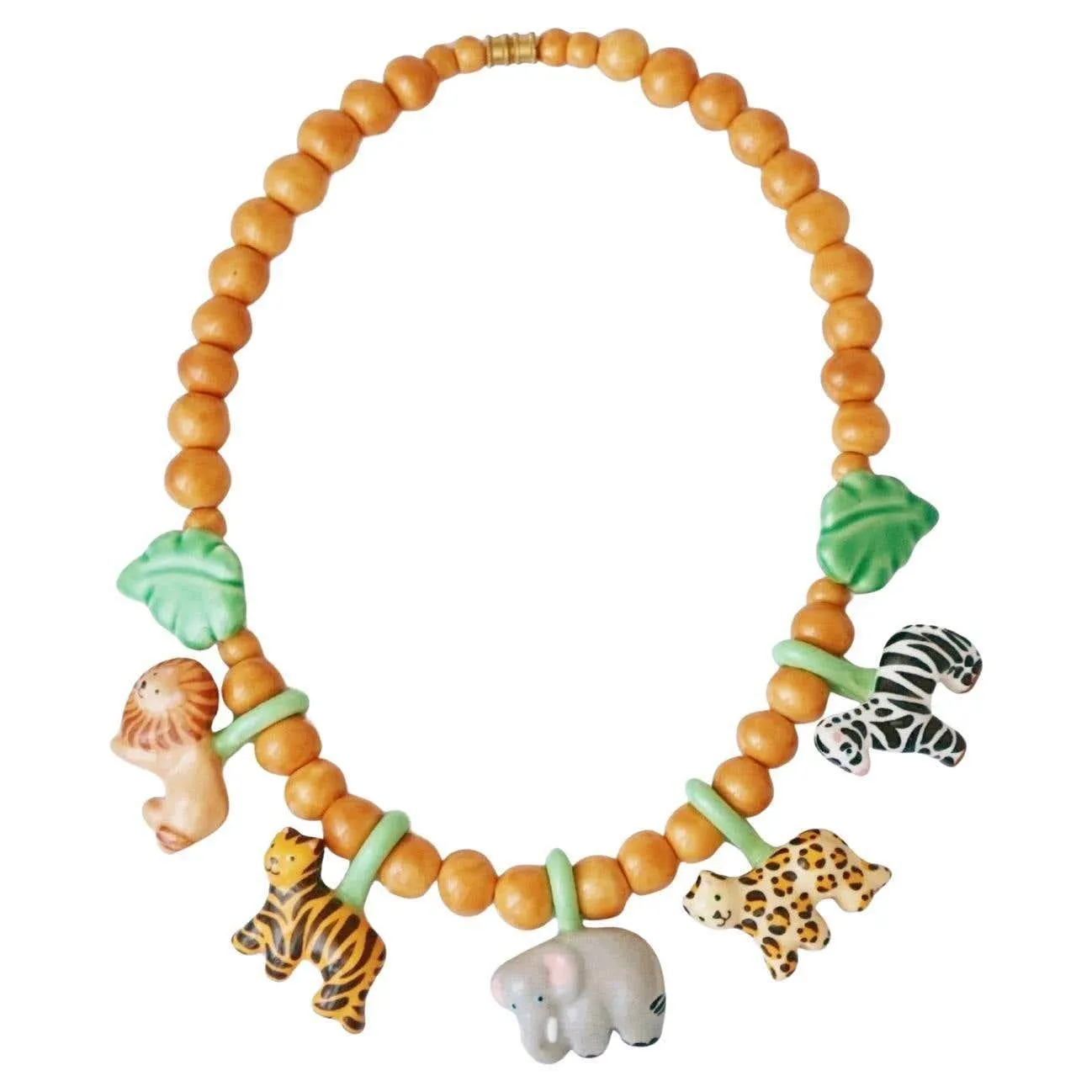 Safari Themed Handmade Ceramic Beaded Necklace By Flying Colors, 1980s