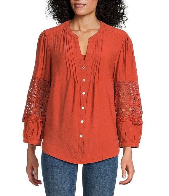 Solid Woven Split V-Neck 3/4 Applique Sleeve Peasant Blouse