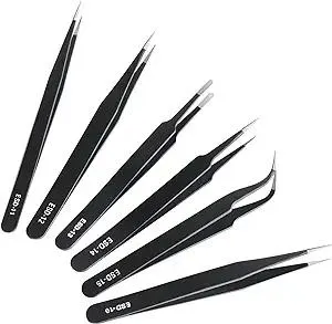 6 Pcs Precision Tweezers Set, Premium Anti-Static Stainless Steel Tweezer, ESD Curved of Tweezers for Electronics, Craft, Laboratory Work, Jewelry-Making, etc