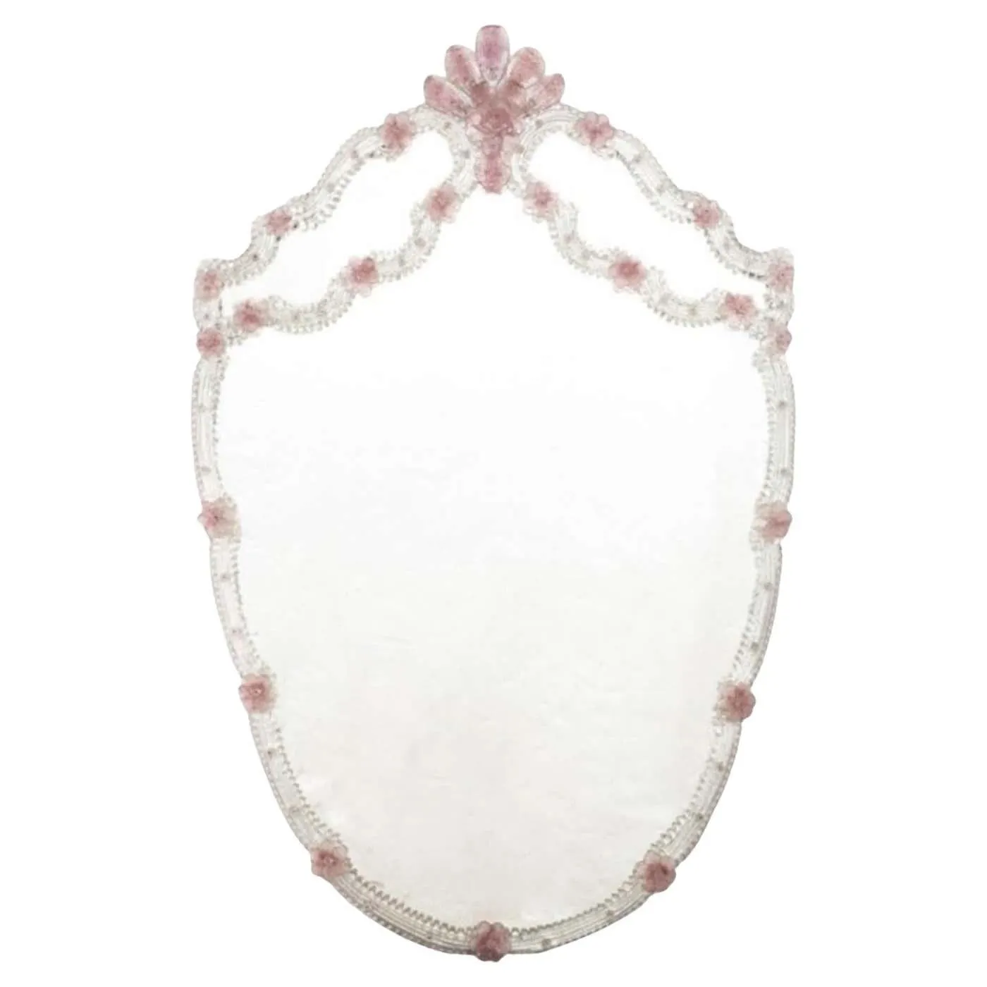 Artistic Wall Venetian Mirror in Murano Glass, Clear and Pink Flower details