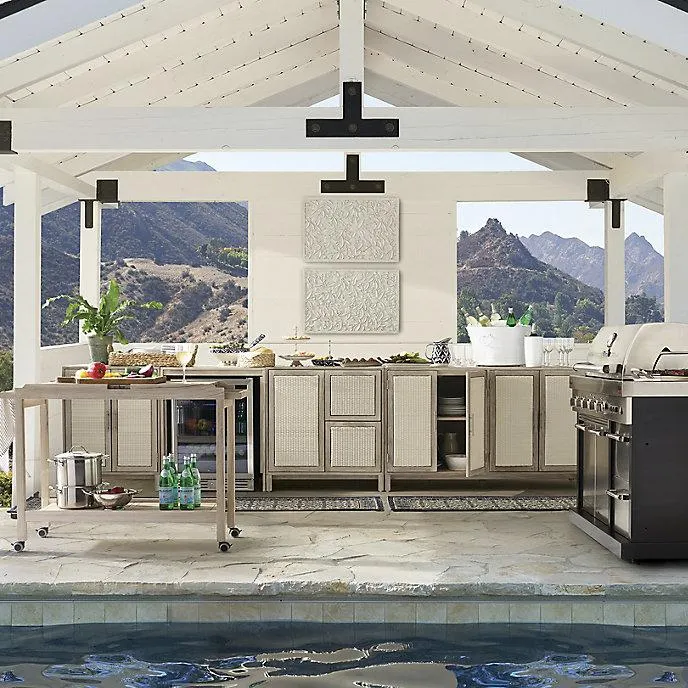 Isola Outdoor Kitchen in Weathered Teak & Washed White Wicker