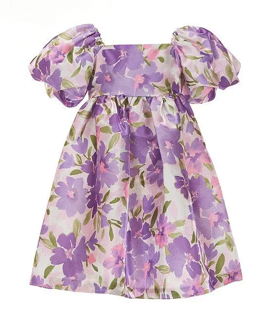 Little Girls 2T-6X Puffed-Sleeve Floral-Printed Satin Fit & Flare Dress