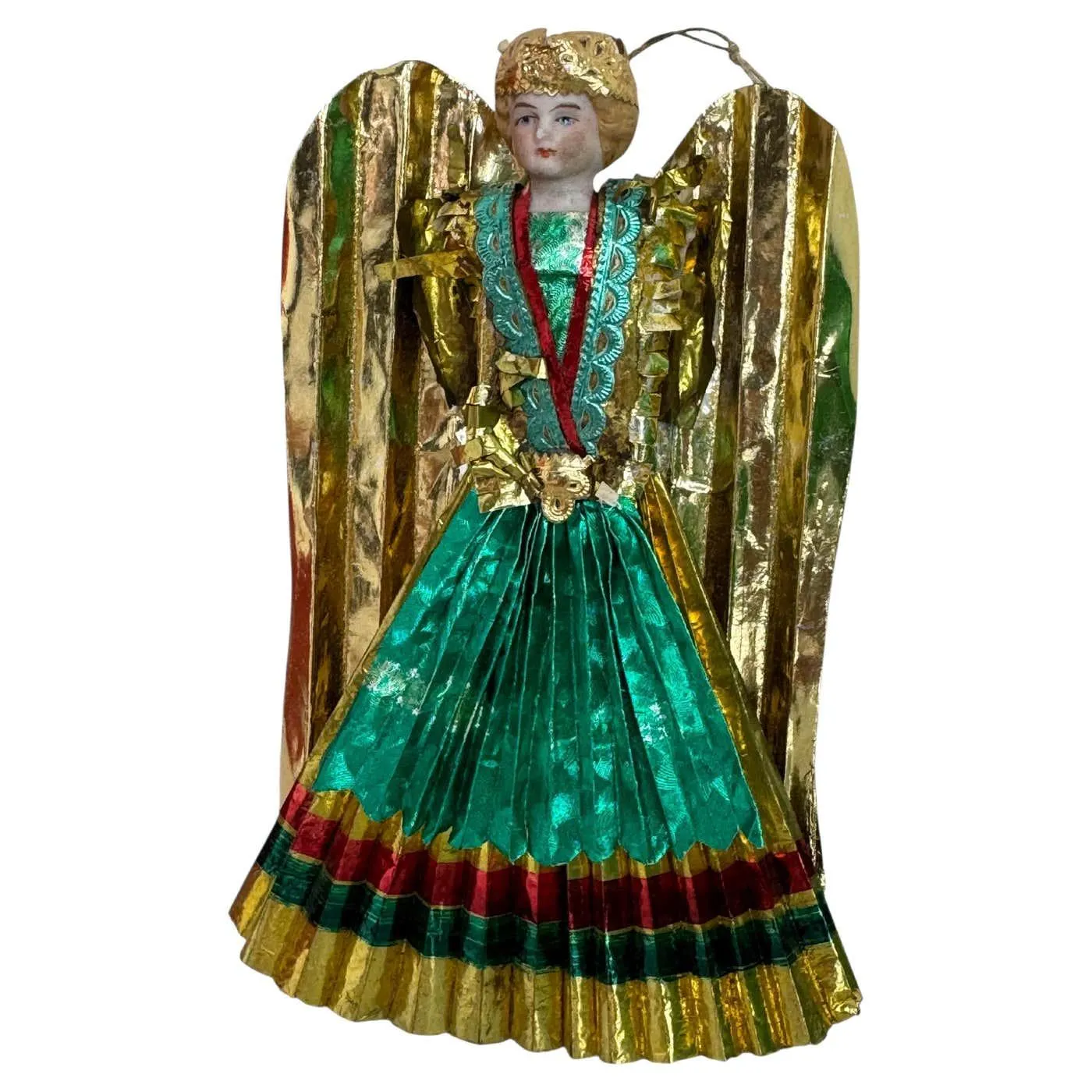 Petite Antique Nuremberg Gold Foil Golden Angel Christmas Tree Topper 1900s