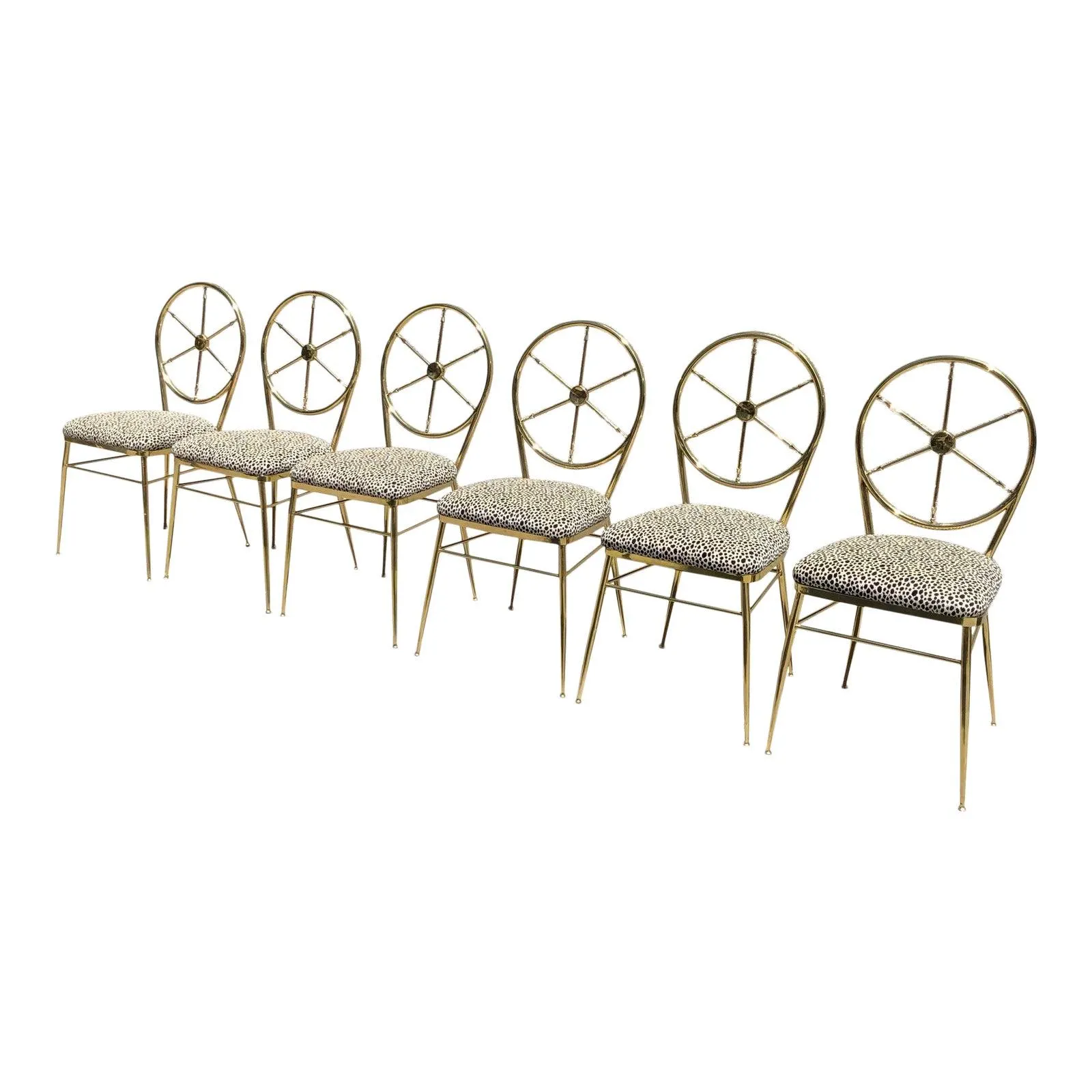 Set of 6 Brass Wheel-Back Chairs | Hollywood Regency | Vintage Patterned Upholstery