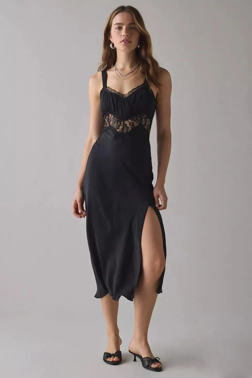 Kimchi Blue Liz Satin Lace Trim Slip Midi Dress