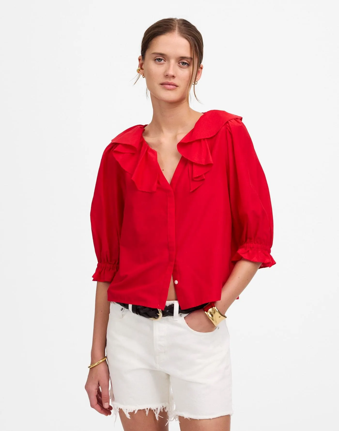 Ruffled Y-Neck Top in Cotton-Silk
