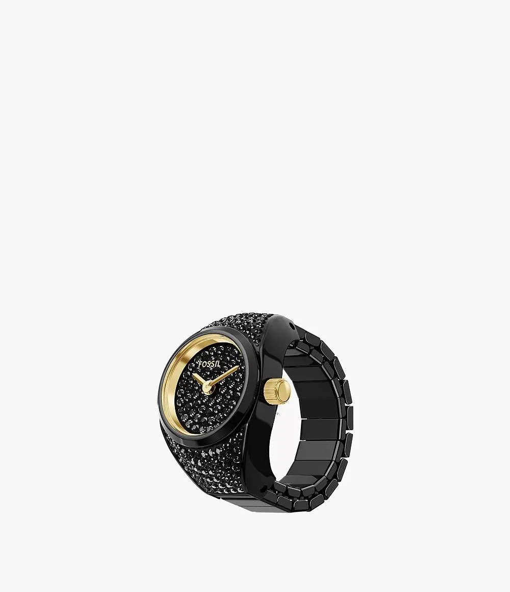 Watch Ring Two-Hand Pavé Black Stainless Steel Watch