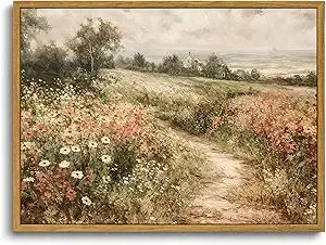 OIQArtOIQ Framed Canvas Wall Art,Vintage Decor,Landscape Nature Country Wildflower Paintings Farmhouse Pictures Modern Artwork Rustic Fall Flower Prints Cottagecore Office Living Room Bedroom Bathroom