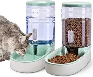 Automatic Dog Cat Feeder and Water Dispenser Gravity Food Feeder and Waterer Set with Pet Food Bowl for Small Medium Dog Puppy Kitten, Large Capacity 1 Gallon x 2