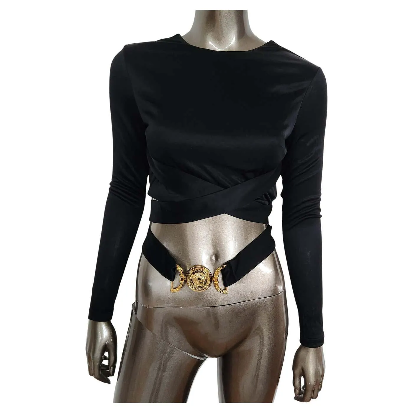 Versace Black Long Sleeve Medusa Belt Cropped Top 38