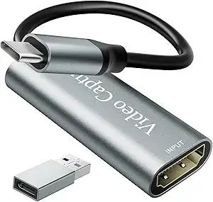 Video Capture Card, USB3.0 HDMI to USB C Capture Card, 4K 1080P 60FPS, Video Recording Card for Gaming Live Streaming, for Windows/Mac OS System with USB C Adapter to Adjust PS4, Switch, Xbox