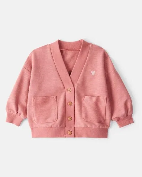 Baby Girl Heart Cotton Long-Sleeve Cardigan Sweater - Pink