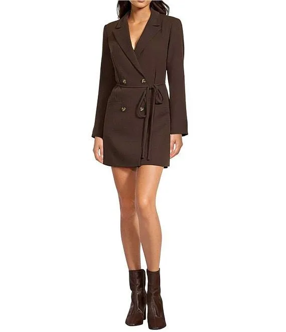 Gina Notch Lapel Long Sleeve Button Front Tie Waist Blazer Wrap Mini Dress