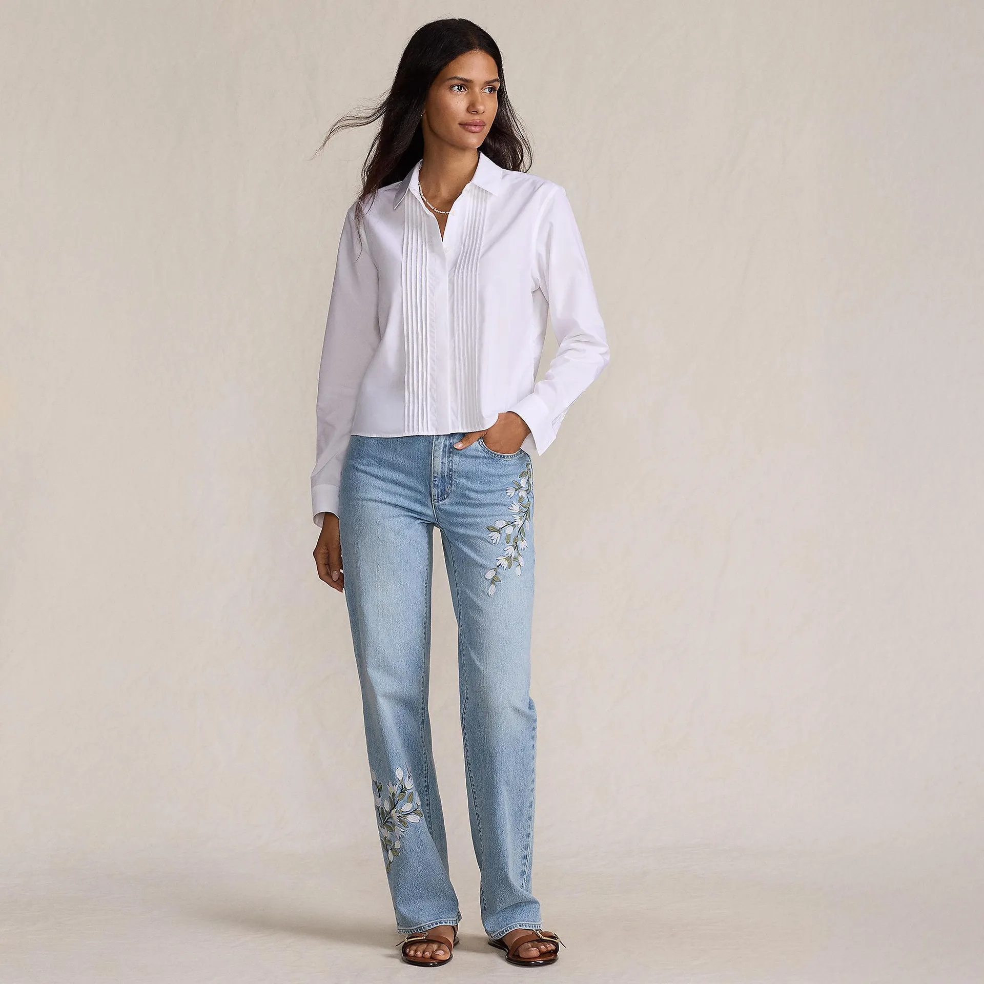 Women's Soft Denim Mid Rise Relaxed Straight Leg Embroidered Jeans