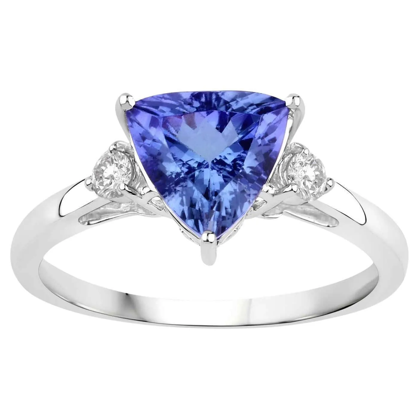 Natural Trillion Cut Tanzanite Ring Side Diamonds 14K White Gold