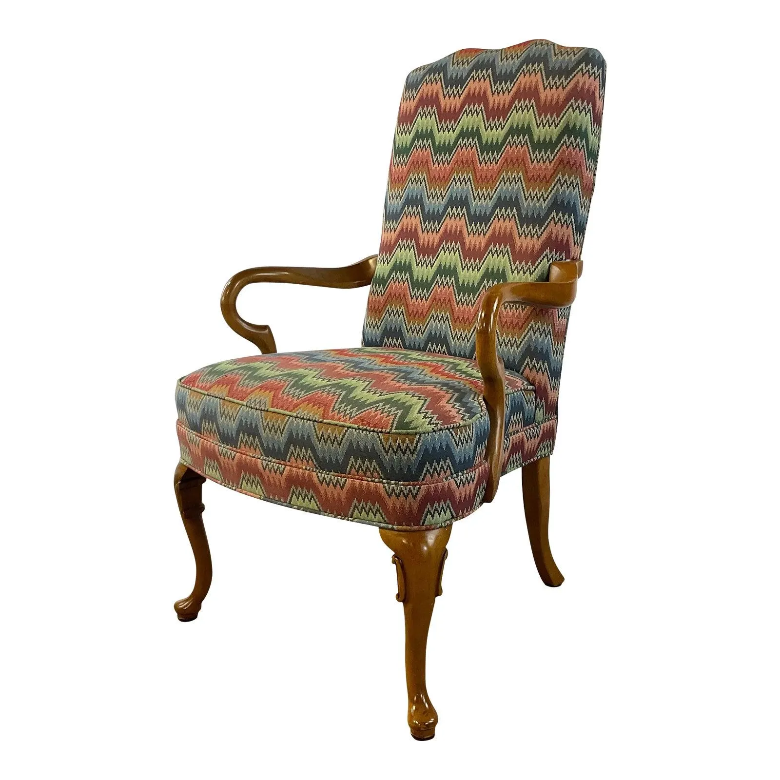 1980s Vintage Chippendale Queen Anne Thomasville Open Arm Side Chair, Flame Stitch Upholstery