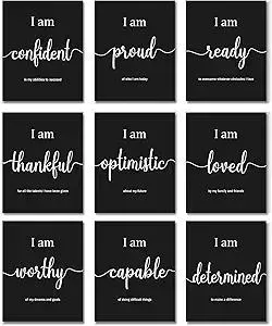 9 Pieces Inspirational Motivational Wall Art Office Bedroom Wall Art,Daily Positive Affirmations for Men Women Kids Inspirational Positive Quotes Sayings Decor(Black)