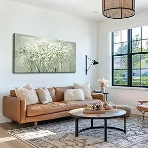 MLART99 Modern Artwork Wall Decor White Flowers Picture Art 24"x48" Plant Wall Art Decorations for Living Room Office