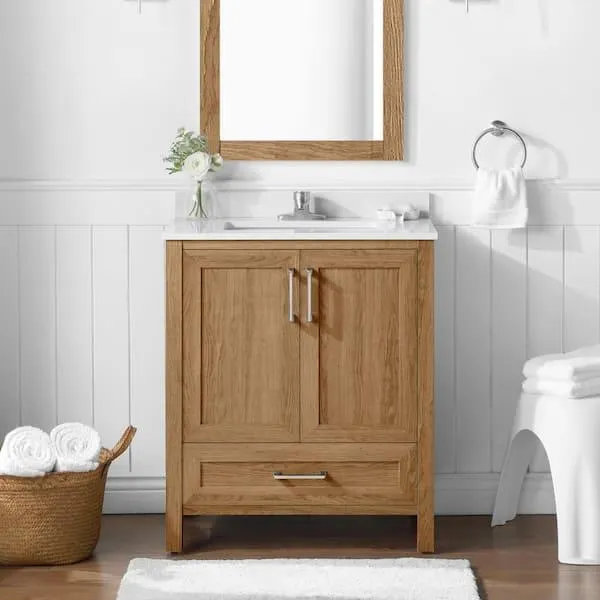 Moorside 30 in. Single Sink Sweet Maple Bath Vanity with White Engineered Stone Top (Assembled)