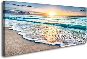 Baisuart S02250 Canvas Prints Wall Art Beach Sunset Ocean Waves Nature Pictures Stretched Canvas Wooden Framed for living Room Bedroom and Office
