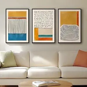 Framed Colorful Abstract Wall Art for Living Room, 3 Piece Mid-century Modern Canvas Prints Paintings Artwork for Walls, Bright Yellow Block Lines Pictures for Hallway Dining Bedroom Wall Decor -16x24