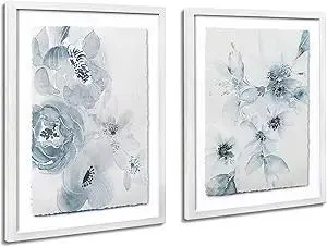 ArtbyHannah Framed Bathroom Wall Decor, Light Blue Wall Art with Torn Edge Design and Watercolor Floral Prints Pictures Artwork for Bedroom Home Decorations(2 Pack, 12x16 Inch)