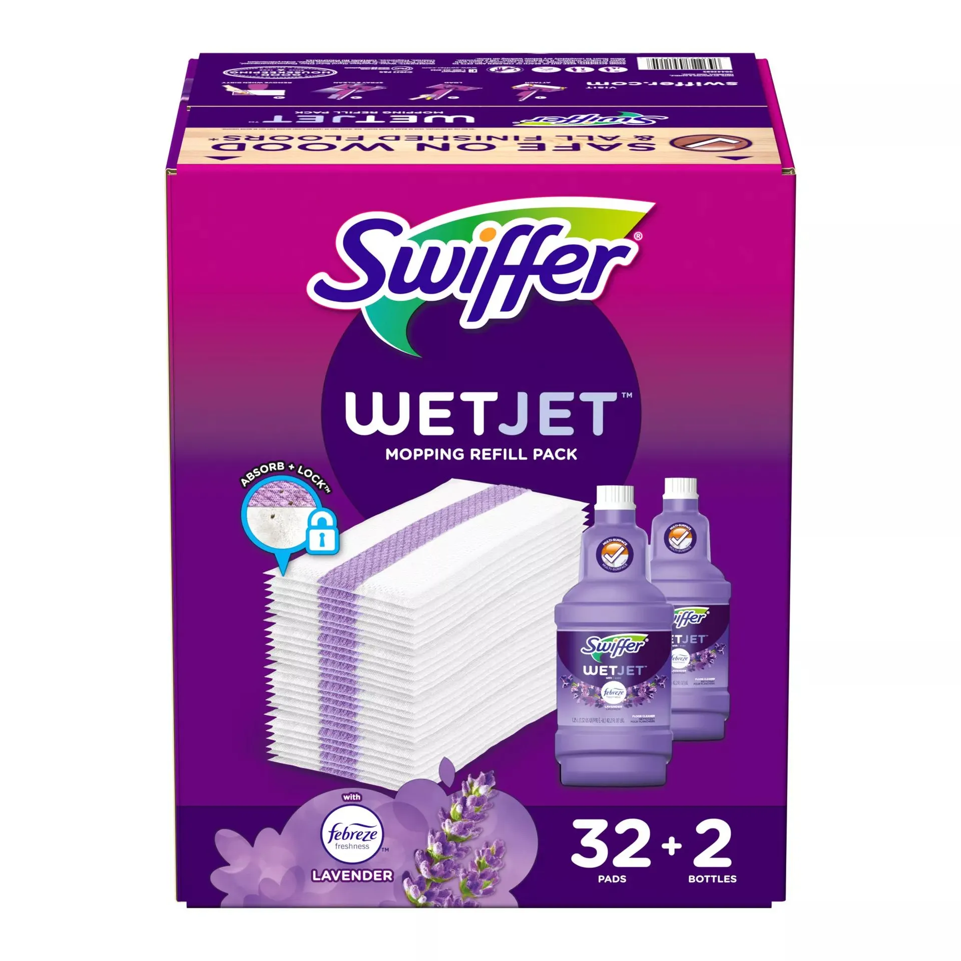 Swiffer WetJet Spray Mop Refill Bundle, 32 Floor Cleaning Pad Refills + 2 Multi-Surface Floor Cleaner Solutions