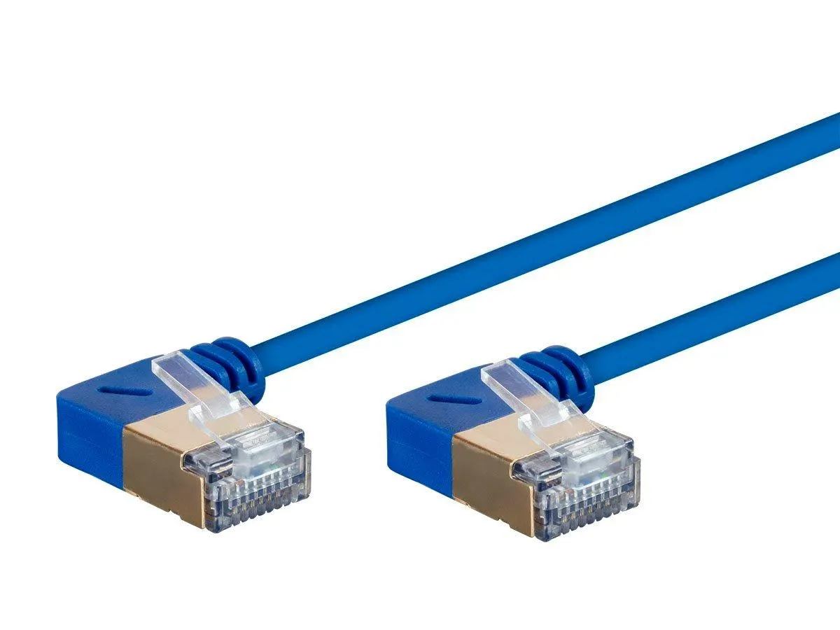 Monoprice Cat6A 1ft Blue 90 Degree Patch Cable, Double Shielded (S/FTP), 36AWG, 10G, CM Pure Bare Copper, Snagless RJ45, SlimRun Series Ethernet Cable