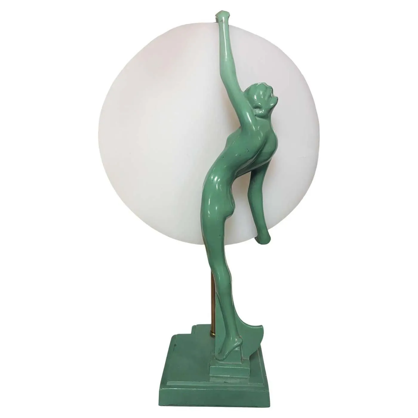 Art Deco Nude Nymph Silhouette Moon Green Spelter Table Lamp by Frankart