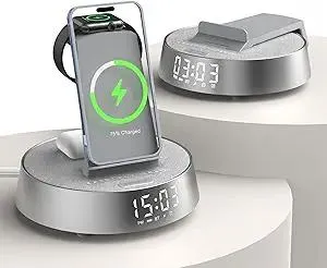 Alarm Clock Charging Station for Bedrooms, Wireless Charging Station with Dimmable Night Light Bluetooth Speaker, Mag-Safe Charger for iPhone 16 15 14 13 12 Pro Max, Apple Watch, AirPods Pro