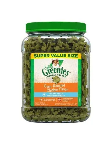 FELINE GREENIES Natural Dental Care Cat Treats Oven Roasted Chicken Flavor, 21 Ounce Tub