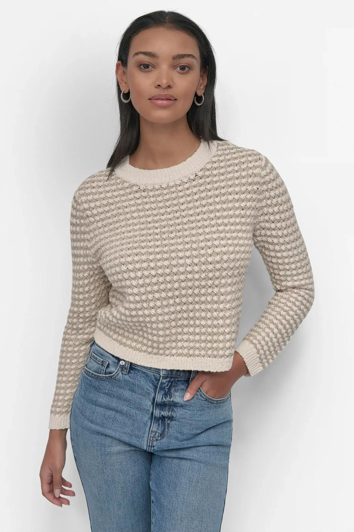 LONG SLEEVE CREW NECK CHUNKY STITCH W/ STRIPE