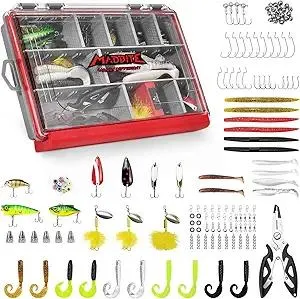 MadBite by KastKing 143pcs Freshwater Fishing Lure Kit, Includes Crankbaits, Poppers, Spinners, Hooks, Weights, and Other Fishing Accessories, Bass/Panfish Tackle Kit with 3600 Tackle Box and Pliers