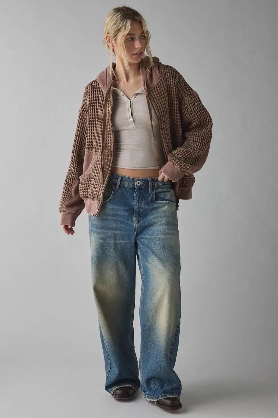 BDG Field Day Waffle Knit Zip-Up Hoodie Sweatshirt