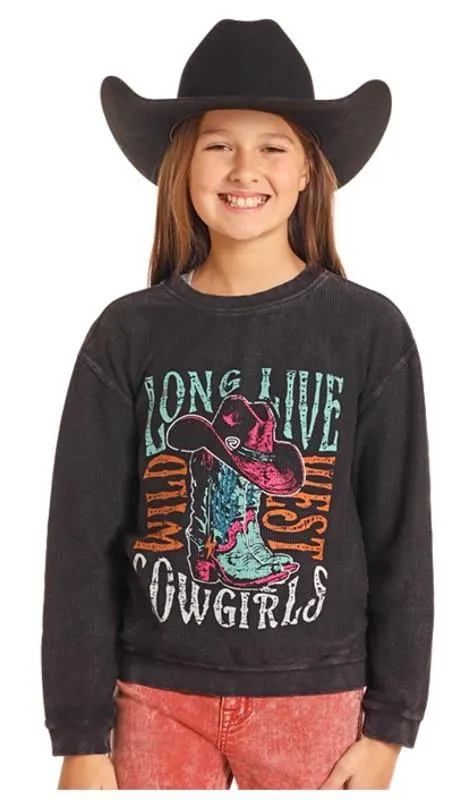 Rock & Roll Denim Girls Black Long Live Cowgirls Graphic Long Sleeve Pullover Sweater