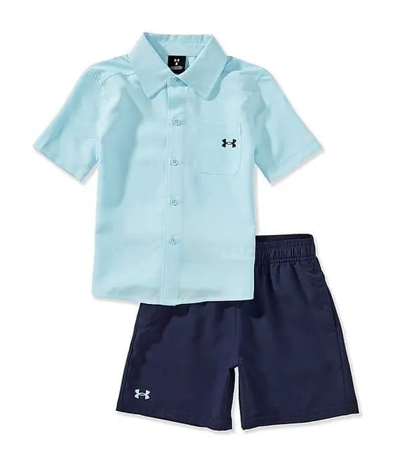 Little Boys Short Sleeve Plain Weave Fish Shirt & Matching Short Set