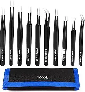 Precision Tweezers Set, XOOL 10 PCS ESD Tweezers Set, Anti-Static Stainless Steel Tweezers Kit, Multi-standard Stainless Steel Tweezers for Lab, Electronics, Jewelry and Detailed Work