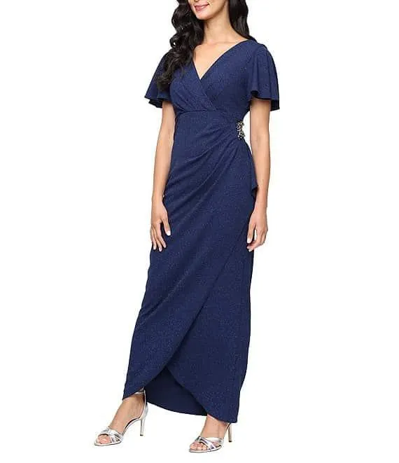 Petite Size Short Flutter Sleeve V-Neck Glitter Knit Gown