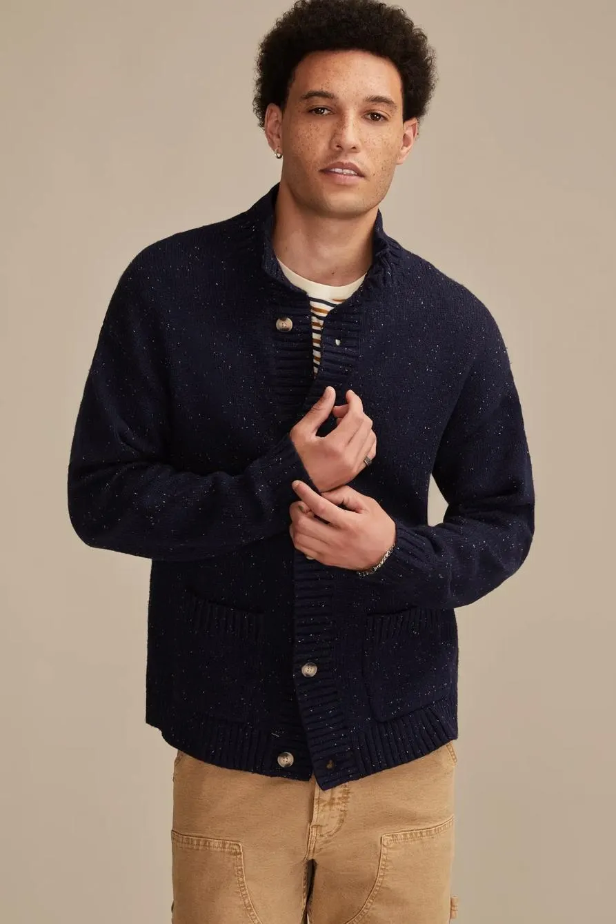 mock neck button front cardigan